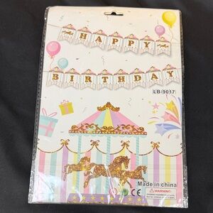Happy Notes Gold and Pink Carousel Birthday Banner pastel Happy Birthday banner